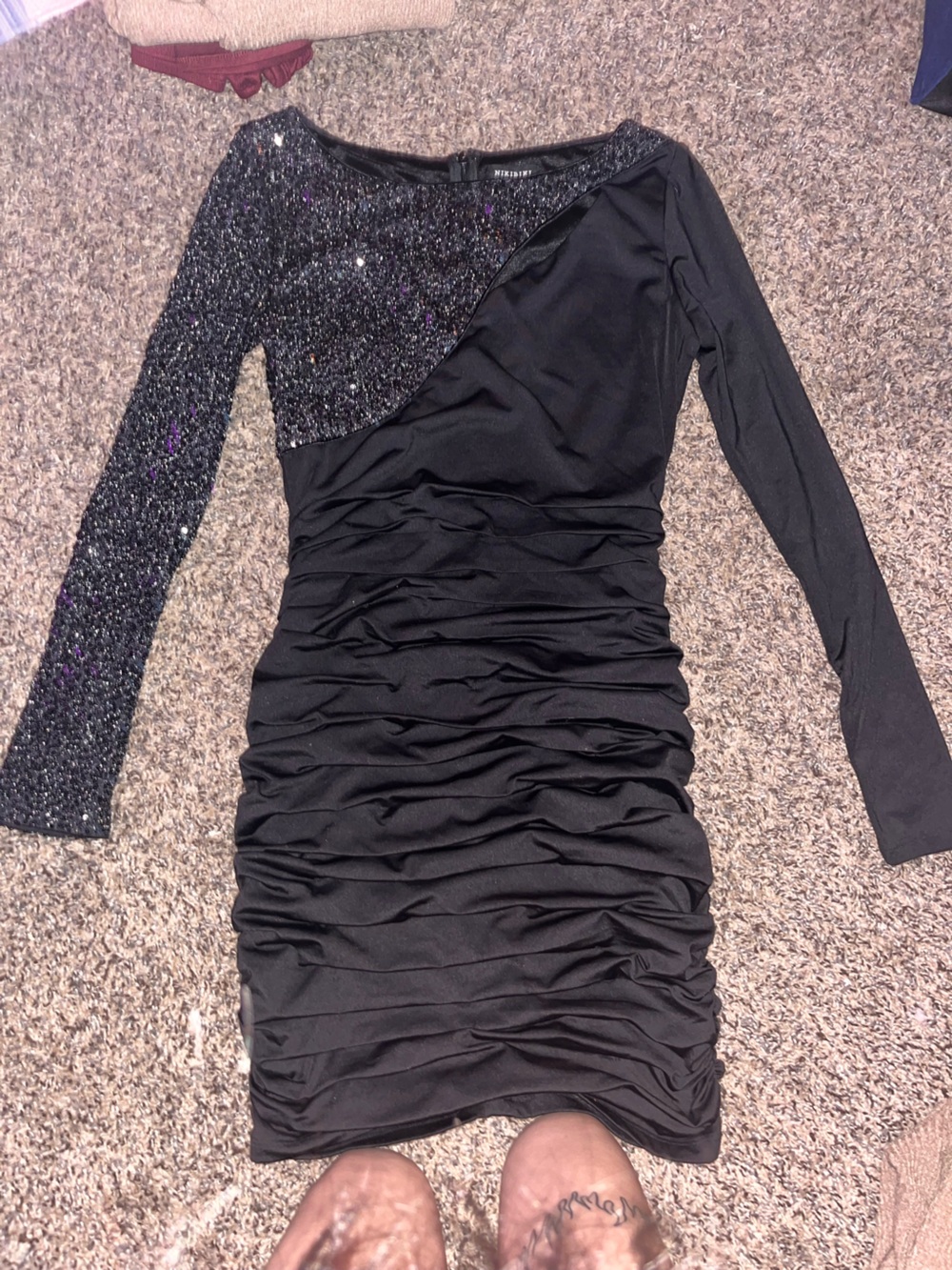 Nikibiki Black Long Sleeve One-Shoulder Ruched Sequin Dress